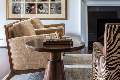 Living room - large transitional open concept and formal dark wood floor and brown floor living room idea in Miami with beige walls, no tv, a standard fireplace and a stone fireplace
