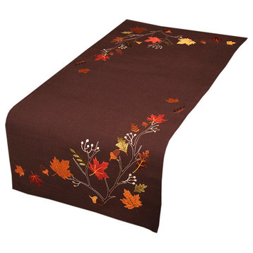 Autumn Branches Embroidered Fall Table Runner, Coffee, 16"x36"