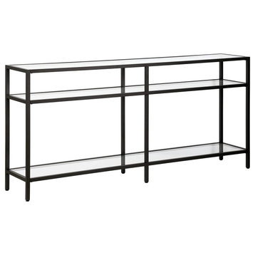 Console Table, Metal Frame With Spacious Glass Top & Shelves, Blackened Bronze