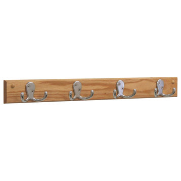 4 Double Prong Hook Rail/Coat Rack, Nickel Hooks, Light Oak