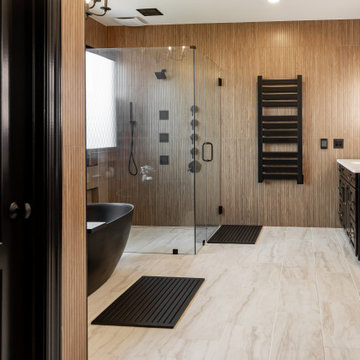 Modern Luxury Master Bathroom with Black Solid Surface Tub