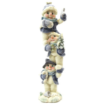 8" Blue Velvet Touch Resin Snowmen Tower, Holding Candy Cane