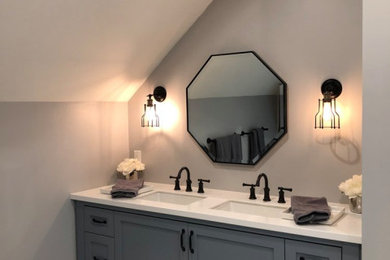 Inspiration for a mid-sized coastal kids' ceramic tile and white floor bathroom remodel in Toronto with shaker cabinets, blue cabinets, gray walls, an undermount sink, solid surface countertops and white countertops