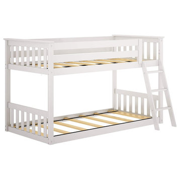 Twin Over Twin Bunk Bed, Pine Wood Body and Reversible Angled Ladder, White