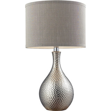 Hammered Chrome Plated Table Lamp With Grey Faux Silk Shade - Chrome Plating, Me