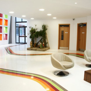 На фото: фойе среднего размера в стиле модернизм с белыми стенами, полом из терраццо, двустворчатой входной дверью и стеклянной входной дверью с