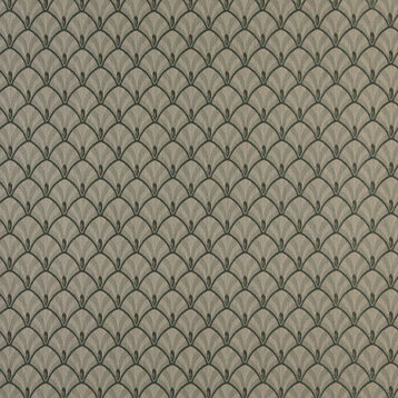 Dark Green And Beige Fan Jacquard Woven Upholstery Fabric By The Yard