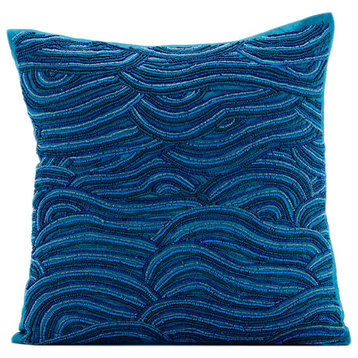 Blue Beaded Ombre Sea Waves 22"x22" Silk Pillows Cover, Sea Windsor