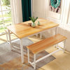 3 Pieces Dining Set, Metal Frame With Rectangular Table and 2 Bench, Oak/White