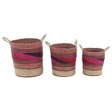Set of 3 Pink Sea Grass Eclectic Storage Basket, 15", 17", 20"