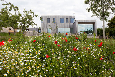This is an example of a large modern two floor detached house in Other with wood cladding, a flat roof and a green roof.