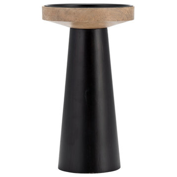 Wood, 9" Flat Candle Holder Stand, Black/Natural