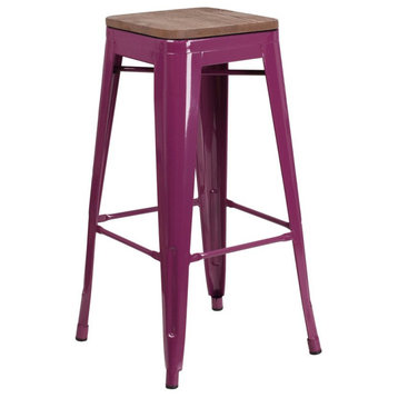 Flash Furniture 30" Backless Metal Bar Stool in Purple and Wood Grain
