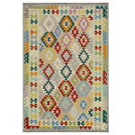 Bareens Designer Rugs - Retro Turkish Kilim Cook Hand-Woven Wool Rug - 5'1'' x 6'6'' - Elevate the elegance of your home with this stunning hand-woven tribal Kilim wool rug. Meticulously crafted on a loom by the Nomad Turkman people using hand-spun wool and 100% natural vegetable dyes, these rugs are recognized for their repetitive geometric patterns, incorporating naturalistic floral and traditional designs. The contemporary fashion palette results in bold, sharp patterns that are incredibly versatile, as the pattern is the same on both sides. These reversible rugs feature a lighter shade on one side and brighter colors on the other, providing versatility according to preference. These unique rugs are made by knotting short strands of different colors onto the warps and securing them by tightly pressing the wefts. The designs are created by interweaving the various colored wefts and warps. Kilims are known for their exceptional durability and versatility, making them truly unique rugs.  Product Details    Rug Size: 5'1'' x 6'6''  Material: 100% Wool  Style: Kilim, Flat Weave, Dhurrie, Turkish, Southwestern, Rustic, Tribal  Colors: Beige, Blue  Weave Type: Hand-Woven, Handmade  Pile Height: Less than 0.25 inch