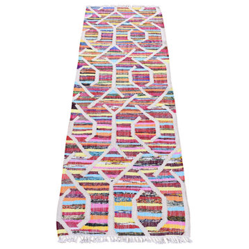 Colorful Sari Silk Flat Weave Kilim Geometric Design Hand Woven Rug, 2'6"x8'0"