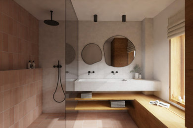 Modelo de cuarto de baño principal y doble actual de tamaño medio con armarios con rebordes decorativos, ducha a ras de suelo, lavabo suspendido y ducha abierta