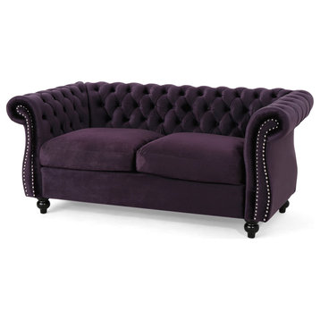 Chesterfield Loveseat, Birchwood Legs With Tufted Back & Rolled Arms, Blackberry