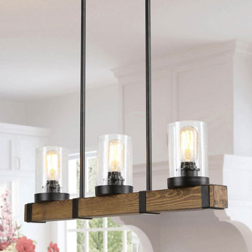 LNC 3-Light  Farmhouse Brown Wood and Seed Glass Shade Linear Chandelier