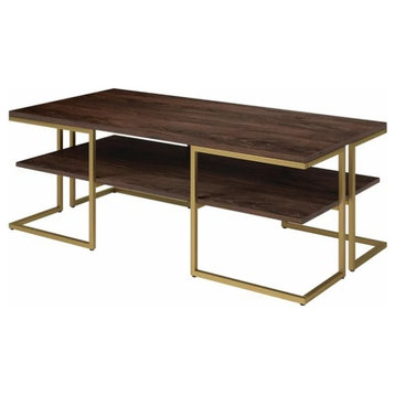 Retro Coffee Table, Metal Support With MDF Top and Middle Shelf, Brass