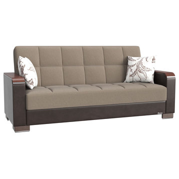 Modern Sleeper Sofa, Wood Accented Arms, Beige Chenille/Brown Leatherette