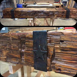 Reclaimed Hande Hewn Timber Mantel with metal straps - Products