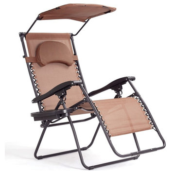 Folding Recliner Lounge Chair With Shade Canopy Cup Holder, Coffee