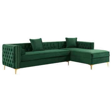 Jeannie Velvet Tufted With Nailhead Trim Sectional, Hunter Green, Right Facing