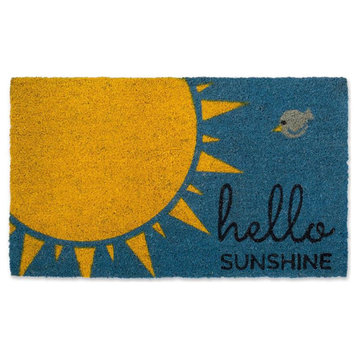 DII 30x18" Modern Coir Fabric Hello Sunshine Doormat in Blue and Yellow