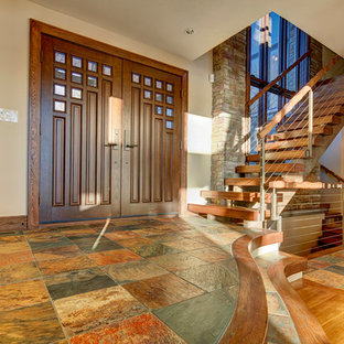 Medium sized rustic foyer in New York with beige walls, slate flooring, a double front door and a dark wood front door.