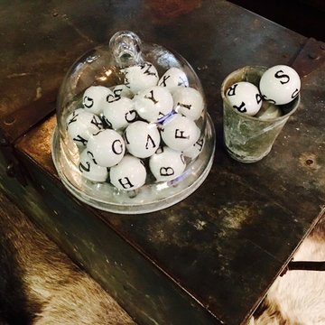 Barn House  Glass Orbs in Cloche on Metal Toolbox Coffee Table