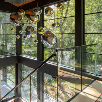 Stairwell Atrium Void – Glass Balustrade & Multi-Bubble Art Pendant Chandelier