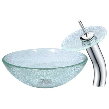 ANZZI Paeva Glass Vessel Sink, Clear Chipasi with Waterfall Faucet