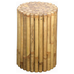 Contemporary Wooden Plank Drum Table Metal Top Home Accent Decor Rustic Round Bamboo End Table Stool