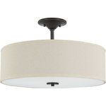 Progress Lighting - Inspire Collection Antique Bronze 3-Light 18" Semi-Flush Mount - Harkening back to a simpler time, the Inspire Collection Antique Bronze Three-Light Semi-Flush Mount's timeless demeanor is sure to become a favorite for generations. A round, off-white linen shade with an etched glass diffuser steals the show and creates a beautiful muted glow. Understated metal accents complement the light fixture as it fosters a casual, friendly atmosphere.
