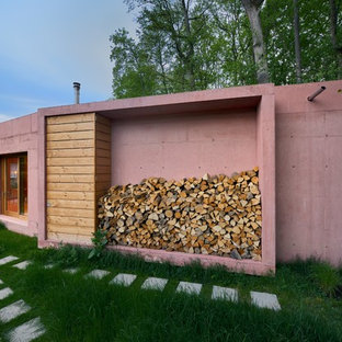 Idéer för små funkis rosa betonghus, med allt i ett plan och platt tak