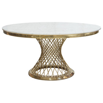 60" Round White Genuine Marble Top Dining Table and Gold Spiral Spoked Base