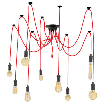 9 Pendant Swag Spider Chandelier, Red Black Graphite, Mixed Antique Bulbs