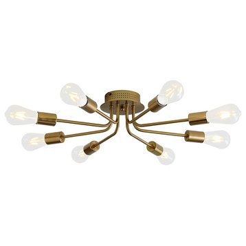 8 Light Flush Mount Light Industrial Ceiling Light Sputnik Chandelier, Gold