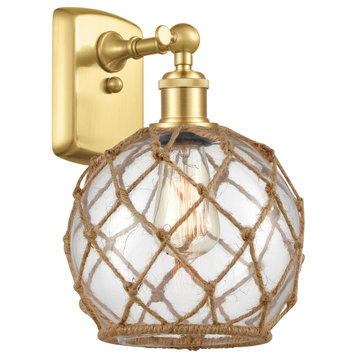Farmhouse Rope 1 Light Sconce, Satin Gold, Clear Glass with Brown Rope
