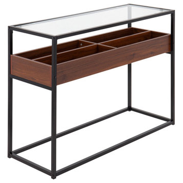 Display Console Table, Black Steel, Walnut Wood, Clear Glass