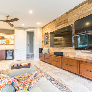 Inspiration for a transitional gray floor home theater remodel in Austin with brown walls and a wall-mounted tv