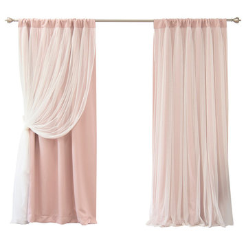 Rod Pocket Blackout Curtains With Tulle Overlay, Dusty Pink, 84"