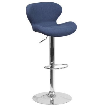 Contemporary Blue Fabric Adjustable H Barstool With Chrome Base