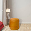 Solid Handmade Leather Pouf (Recycled Foam with Fibre Fill), Mustard, [Round) 16x16x16
