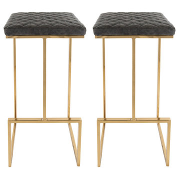 LeisureMod Quincy Leather Bar Stools With Gold Frame Set of 2, Gray