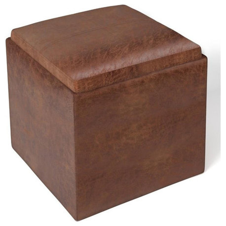 Simpli Home Rockwood Faux Air Leather Storage Ottoman in Distressed Saddle Brown