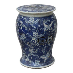 Chinese Distressed Blue & White Porcelain Round Butterflies Stool - Armchairs And Accent Chairs