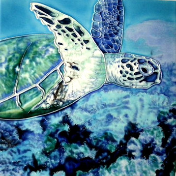 Sea Turtle Swimming in Blue Ocean 6X6 Inches Ceramic Tile