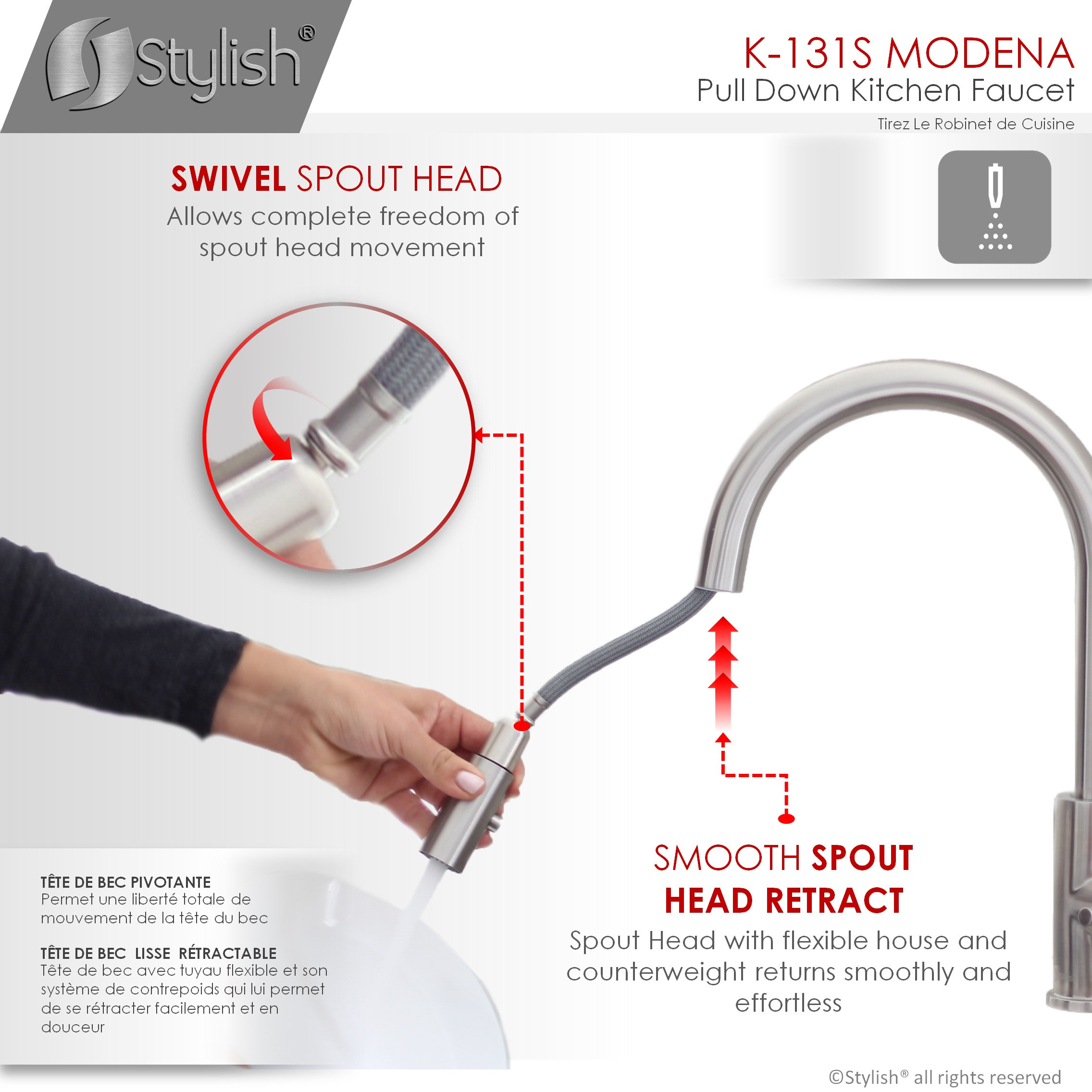Single Handle Stainless Steel Pull Down Kitchen Faucet With Soap Dispenser