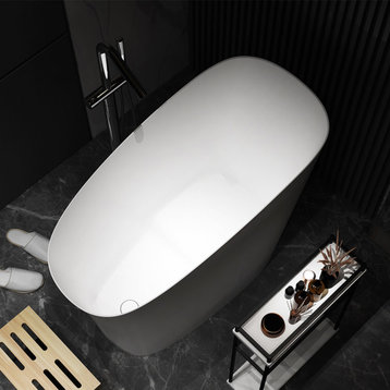Modern Oblique Deep Bathtub Freestanding Stone Resin Japanese Soaking Bathtub, White